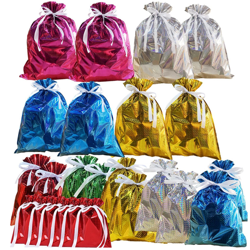 TEMU 24 Pack Foil Gift Bags | Drawstring Solid Color Present Wrapping Bags, 6 Color Shimmer Multipack, Jumbo Party Gift Bag, Reusable Large Gift Bag