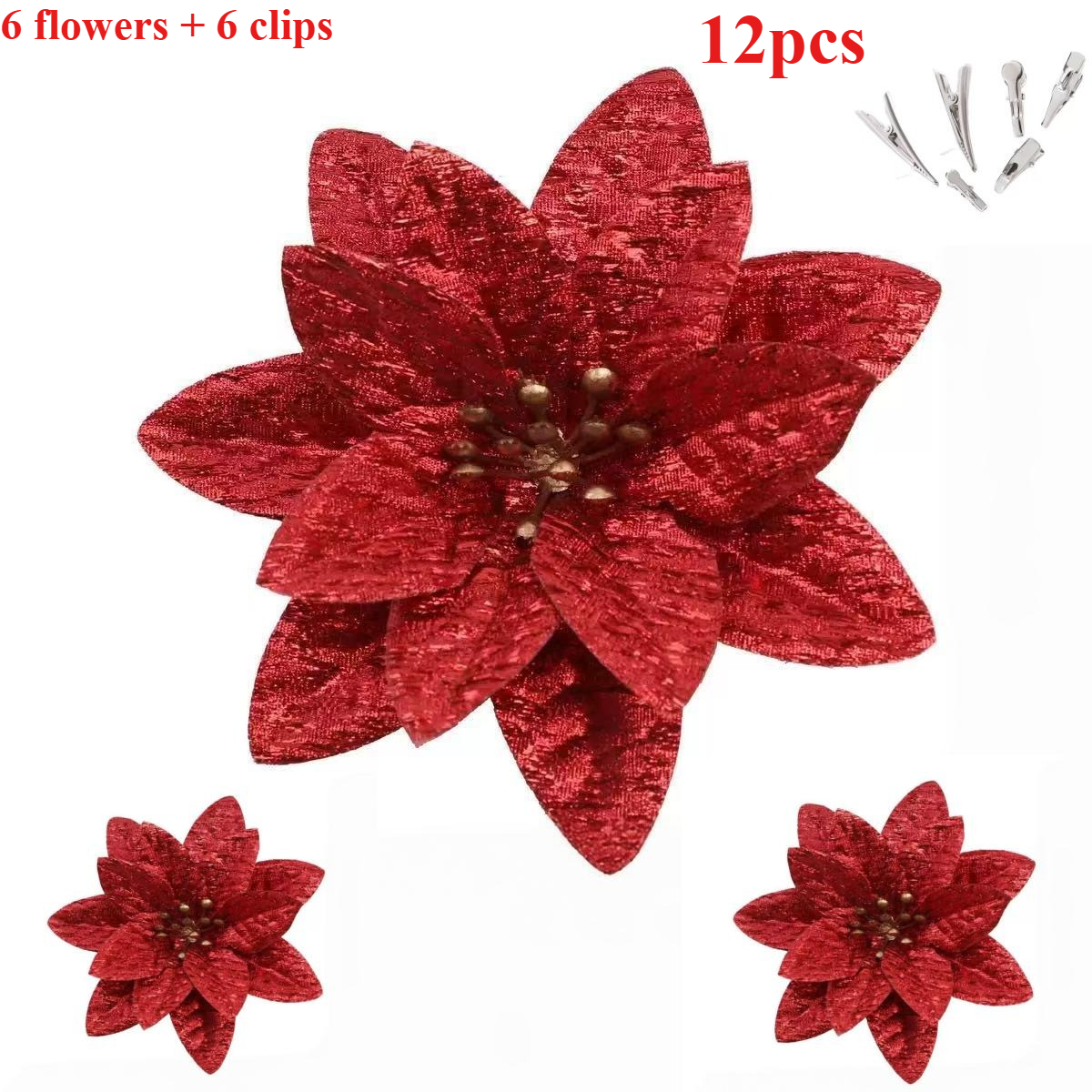 TEMU 6pcs Set Of Artificial Poinsettia Christmas Decorations, Including 6 Flowers + 6 Clips, 16cm Christmas Tree Wreath Decor, Silk Material With