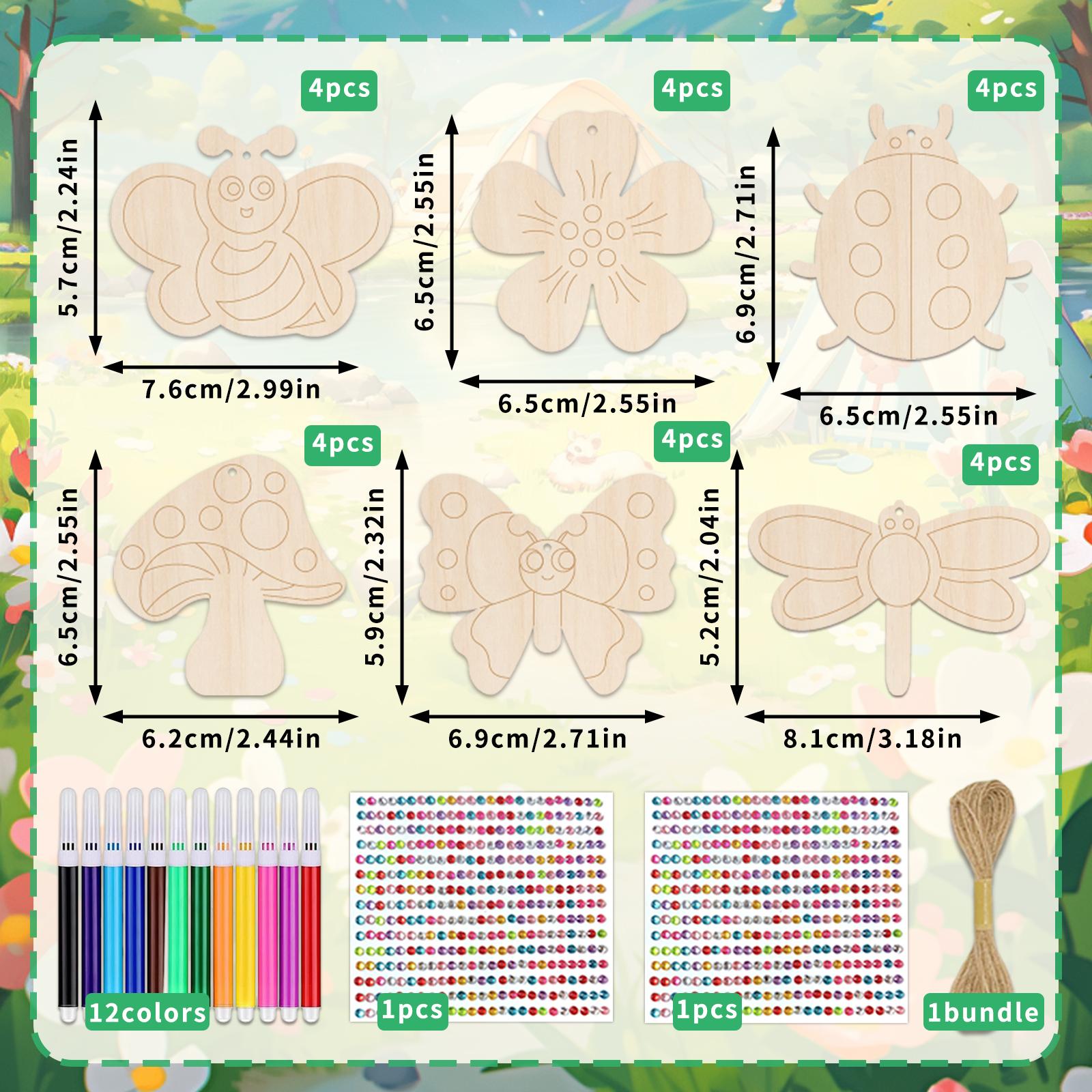 Image of 39pcs Unfinished Wooden Crafts Kit, 24pcs Paintable Bugs, Flowers, Mushroom Cutouts, 12 Markers, 2 Rhinestone Stickers And Twine, Art Supplies For , Birthday Party, Home Decor And Classroom Activities