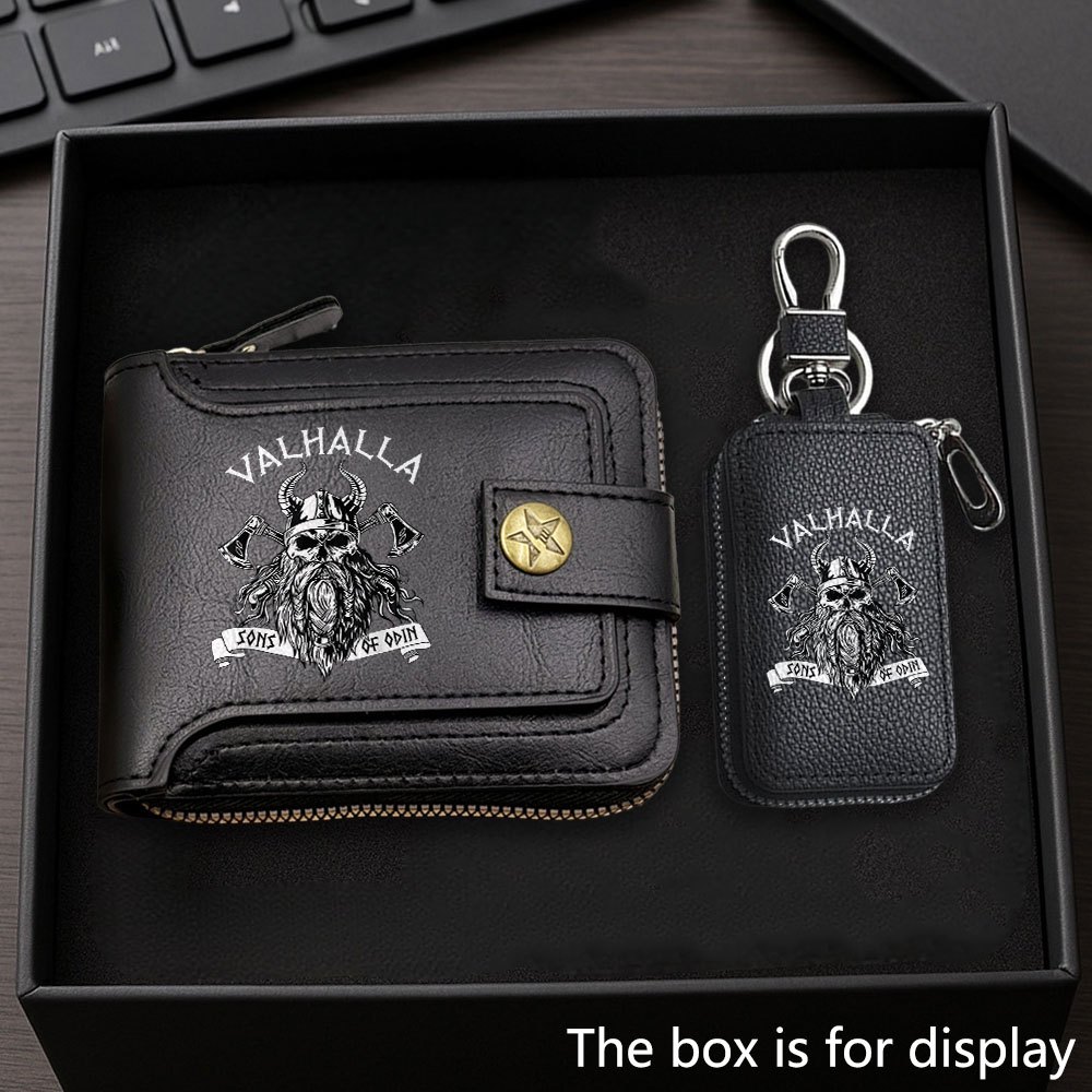 Image of 2pcs Wallet And Key Bag Set Viking Skull Head Wallet And Key Bag Suitable For Christmas, Birthday, Thanksgiving, And More