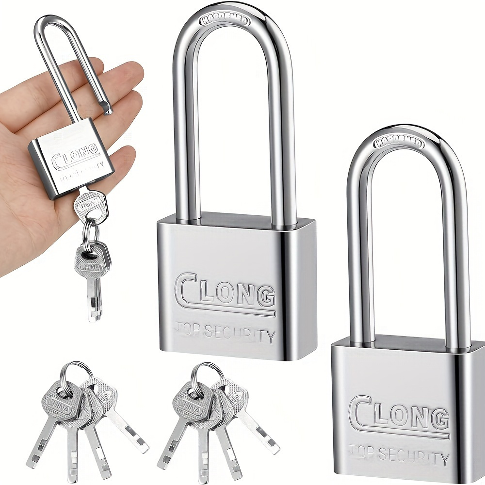 TEMU Heavy-duty Long Shackle Padlock With Key - Durable Chrome Finish, Ideal For Sheds, Gym Lockers, Fences, And Garages, Security Padlock durable Padlock secure Closure 17596197834494