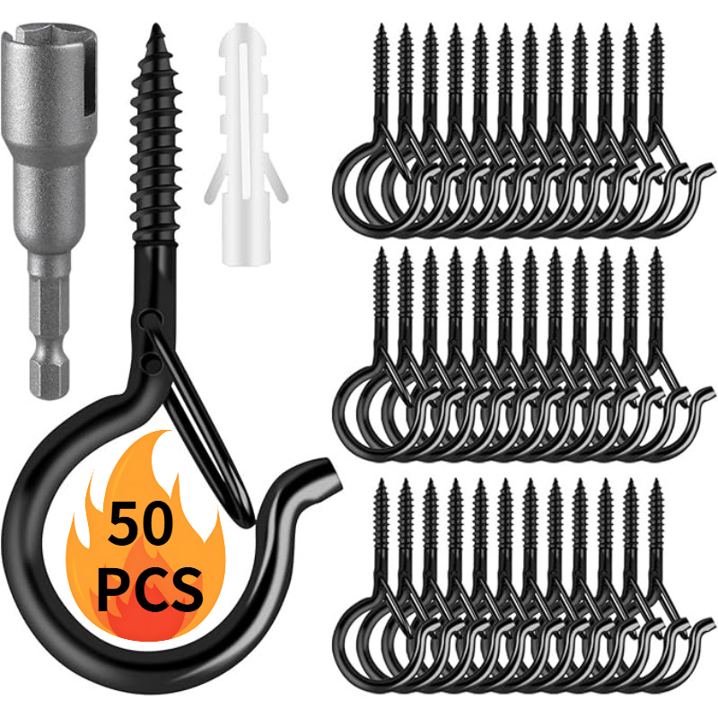TEMU 50pcs Screw-in Hooks, For Outdoor String Lights, Q-shaped Outdoor Light Hooks, Swivel Hanging Baskets For Patio, With Safety Screws, Eye Hooks