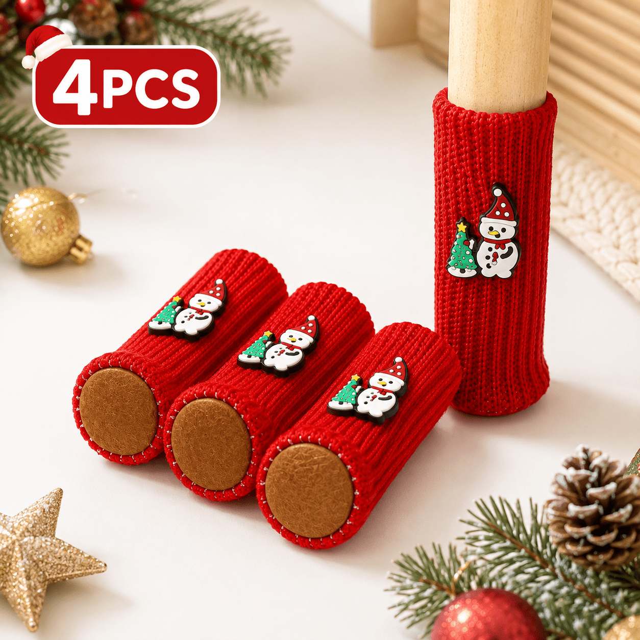 TEMU 4-pack Christmas Snowman Chair Leg Covers, Red Knitted Christmas Table And Chair Leg Protectors, Wear-resistant Foot Pad Covers, Christmas Home