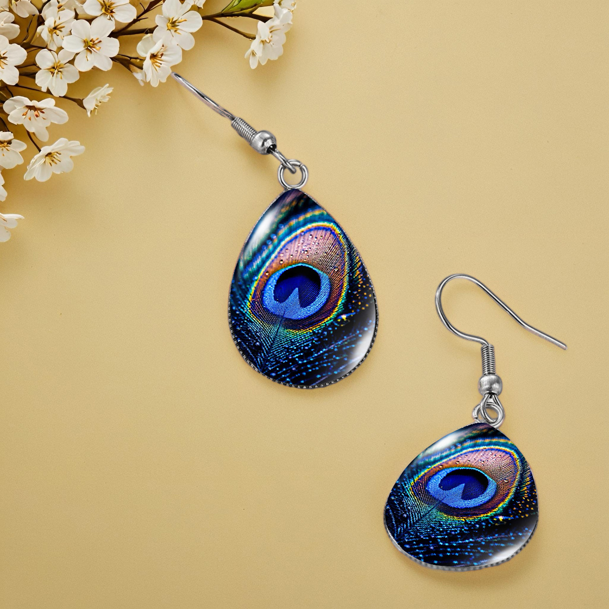 Stylish Water Droplet Earrings with Peacock Feathers