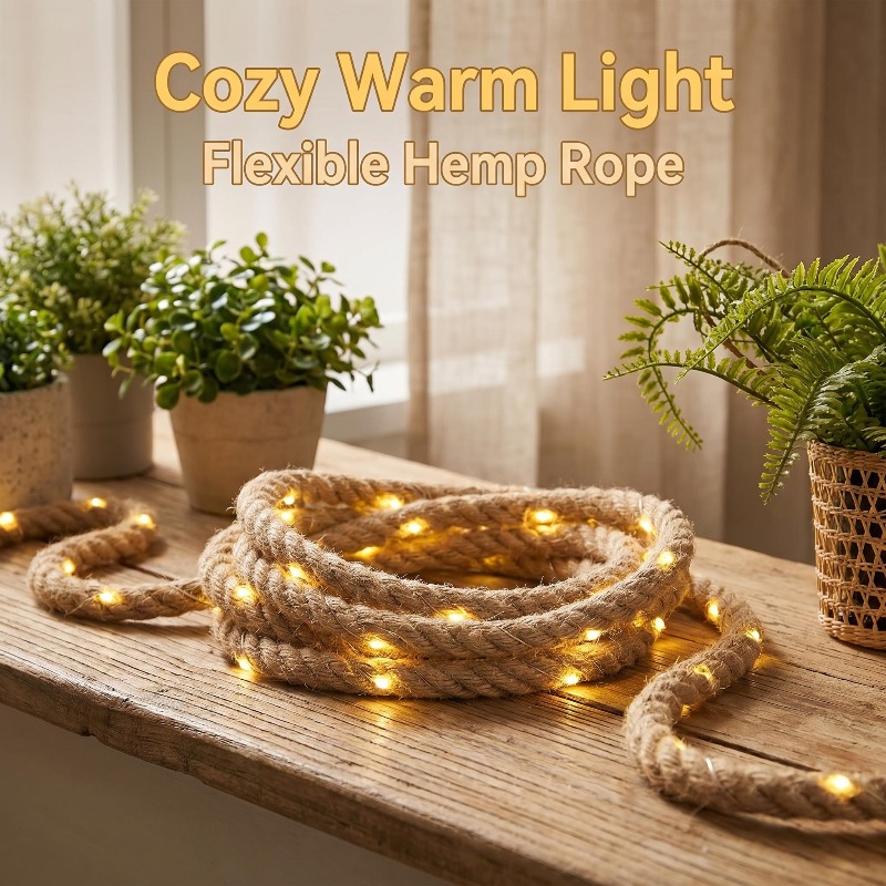 TEMU 1pc 300cm (118.10 Inches) Diy Jute Rope String Lights, Warm Tones, Battery-powered (no Power Cord, Batteries Not Included), Indoor Decorative