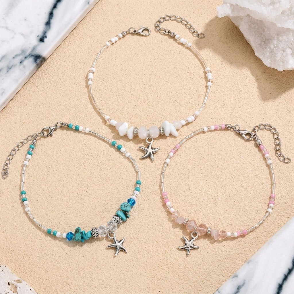 Image of 3pcs High-quality Summer Outdoor Starfish Anklet Set, Multi-functional Handmade Jewelry Additions Transparent Rice Beads Tassel Anklet, Bohemian Style Jewelry Set, Suitable For Vacation Matching