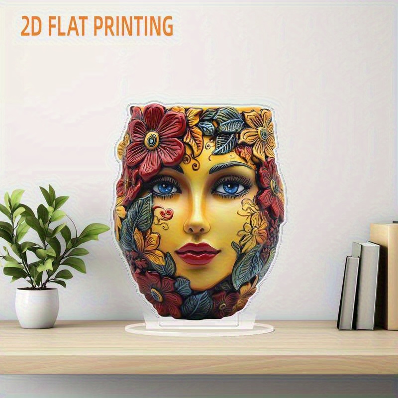 TEMU 2d Flat, 2d Flat 1pc, 2d Flat Printed Sun Catcher, Vase With Human Face And Colorful Flowers Acrylic Desktop Ornament, With Base, Colorful