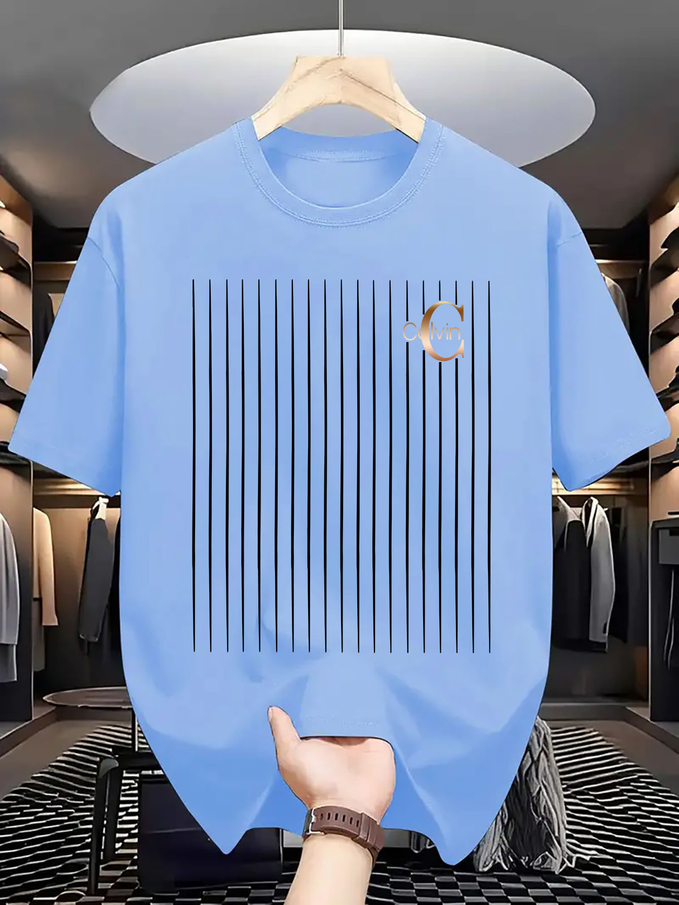 Men's casual and fashionable minimalist lines - C-Calvin printed T-shirt, round neck comfortable polyester fabric, suitable for daily wear as fashionable streetwear, Men's clothing