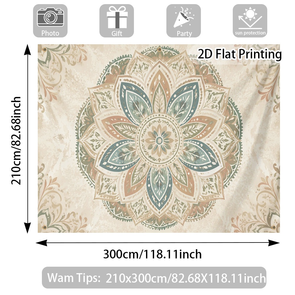 Outdoor Sunshade - 2d Flat Printing Beach Canopy With Retro Mandala Floral Pattern, Windproof Sun Shade For Family , Portable Durable Polyester Fabric (without Frame And Canopy)