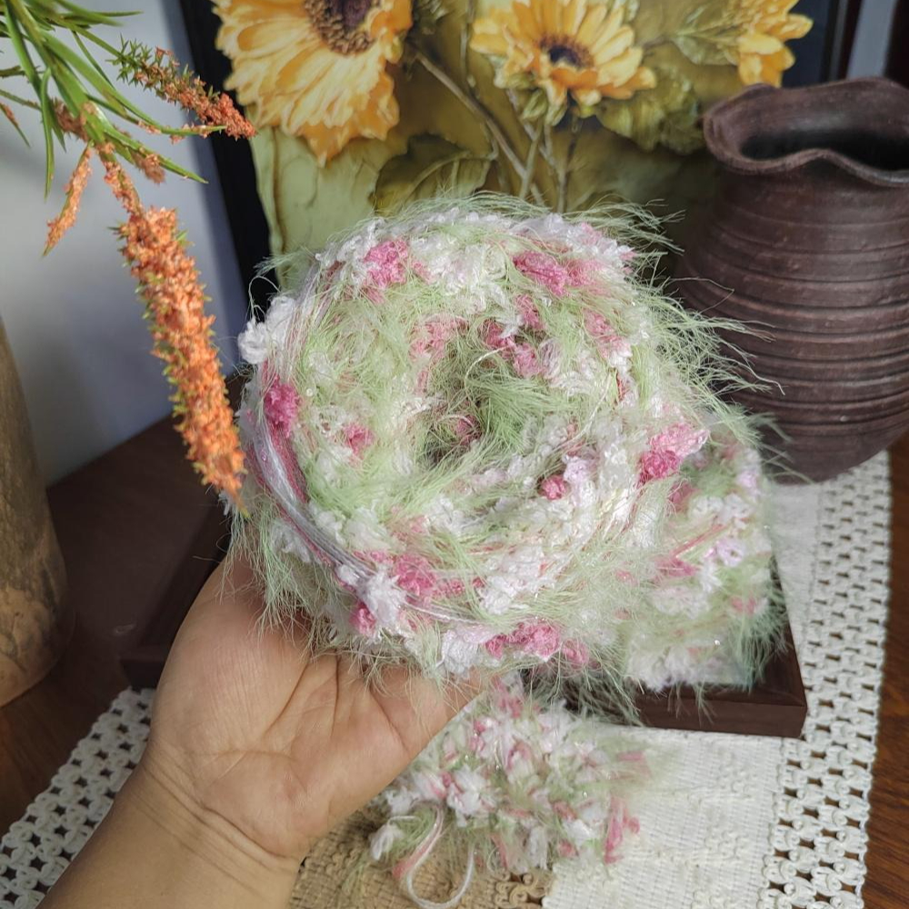 TEMU 50g/piece Pink-green Floral Print Long-haired Hand- Yarn, Diy Crochet For Bags, Hair Ties, Scarves, Special Blend Knitted Yarn, Gentle Girly