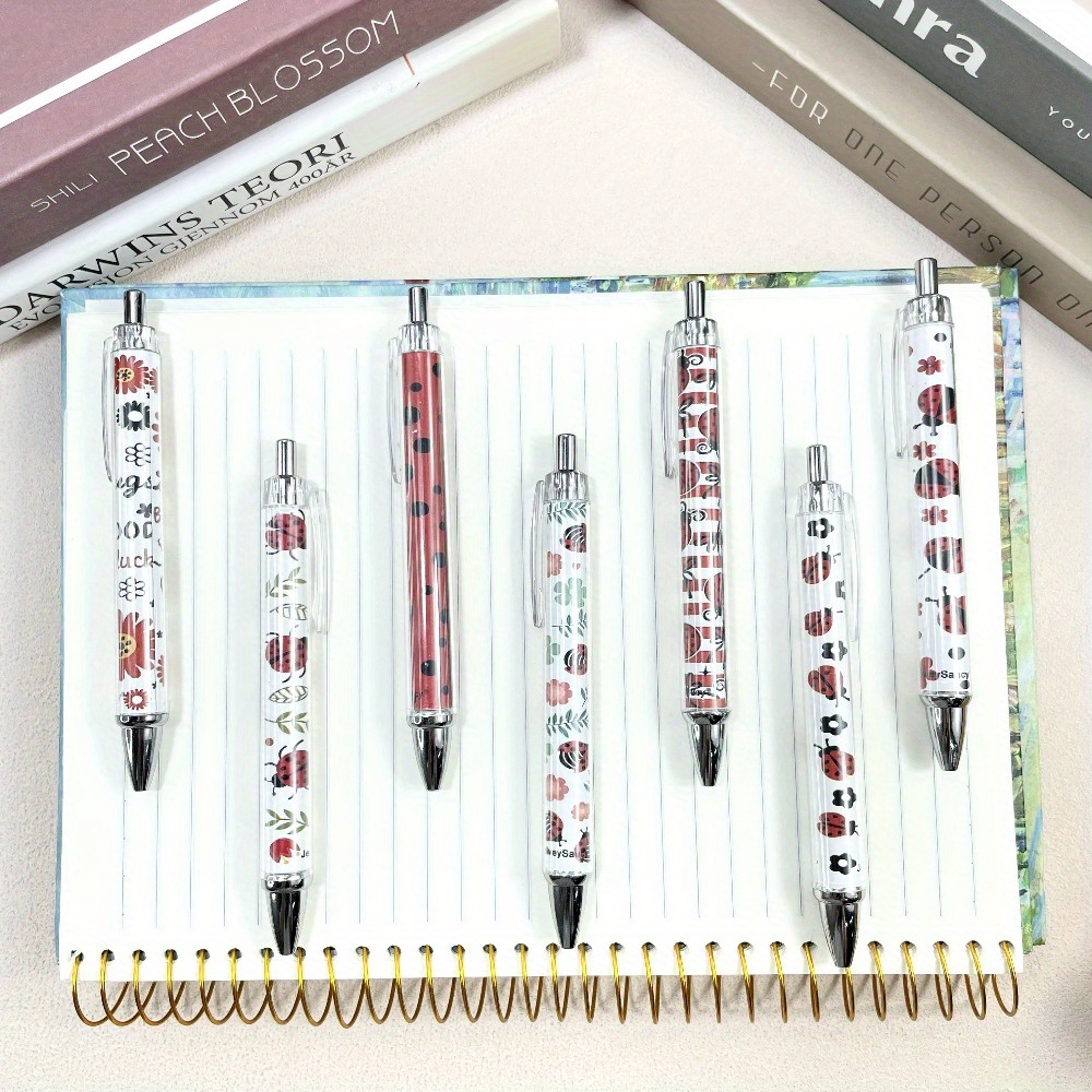 7pcs creative red cartoon ladybug ballpoint pen set with retractable design, black ink writing pens for teachers and office supplies, back-to-school gift, unique insect party favor Product details 3