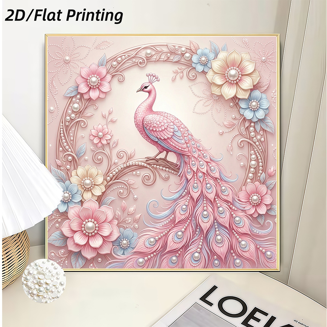 TEMU New Diy Pearl Painting Kit, Featuring A Handmade Rhinestone-adhesive Creative Diamond Painting Design With A Peacock And Floral Vine Pattern In