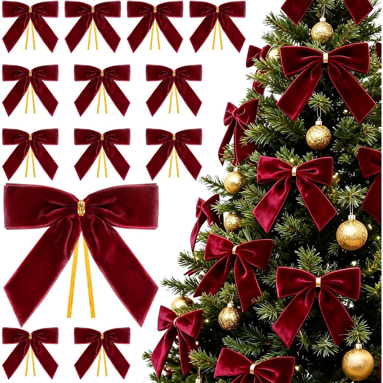 TEMU 22 nœuds bordeaux pour sapin de Noël, 3,5 X 3,5 pouces, nœuds en velours bordeaux vintage, ruban de Noël en velours, ornements de fête pour la