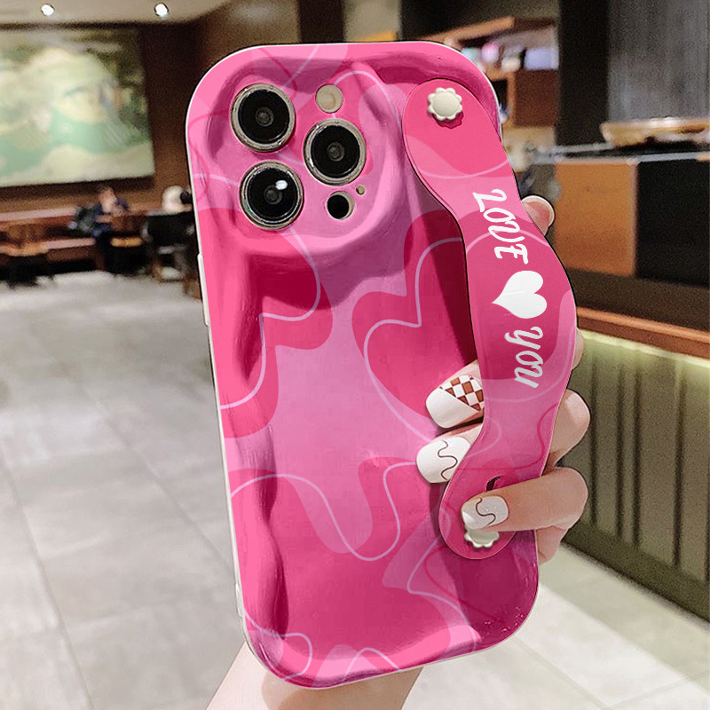 TEMU Phone Case: Cream And Pink Heart Print Stylish Shockproof Phone Case With Unique Wavy And With A Matching Colored Wristband Suitable For Series