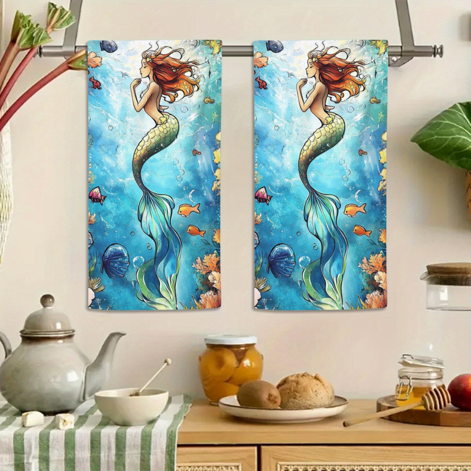 TEMU 2pcs Kitchen Towels, Hand Towels Towels Tea Towels With Deep Sea Mermaid Pattern, Kitchen Bathroom Home Decor
