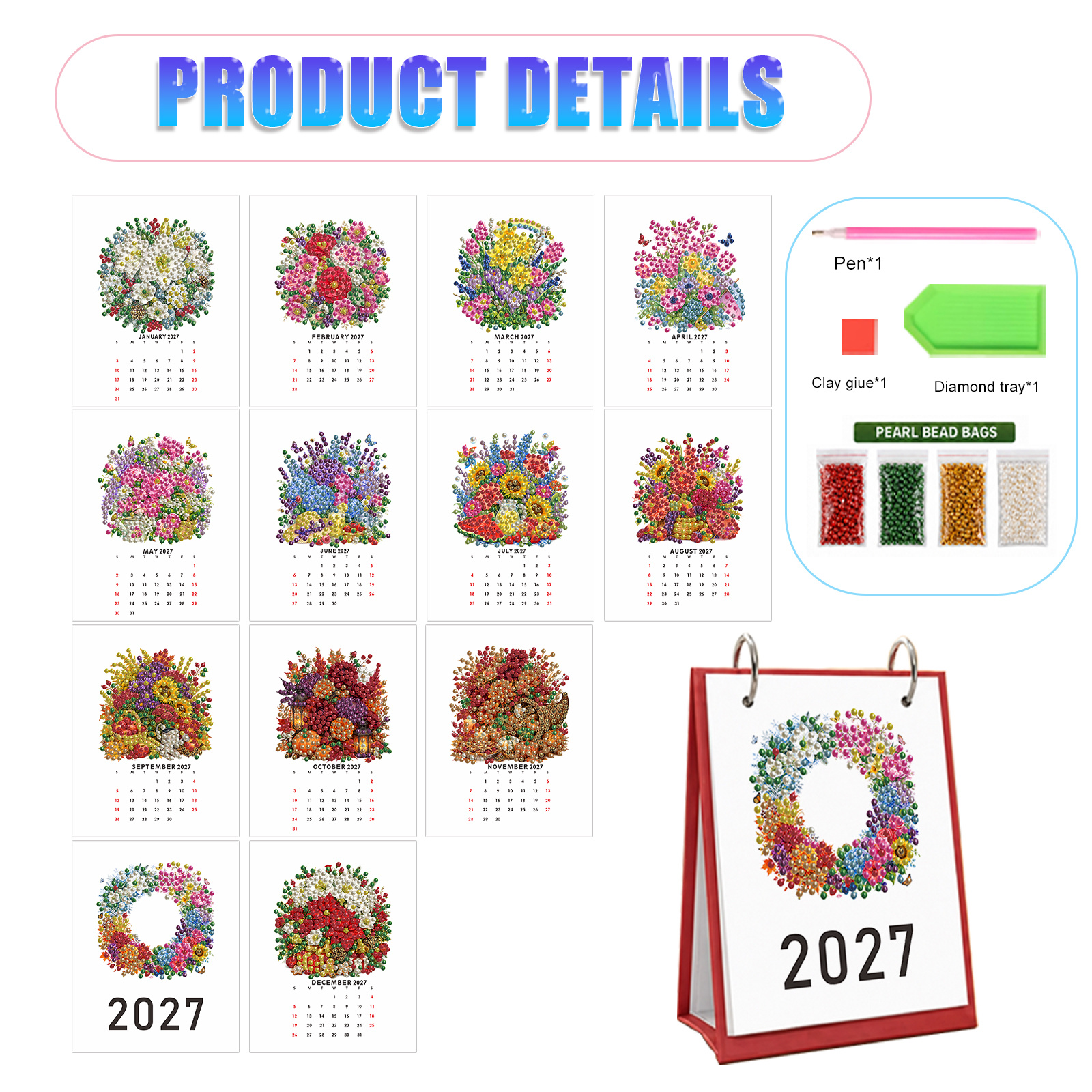 TEMU Calendrier de peinture de perles de fleurs , calendrier mini 2027 de peinture de perles de de luxe, calendrier du An, décoration de bureau,