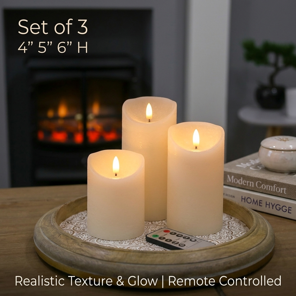 TEMU 3-pack Realistic Flameless Led Candles With Remote Control And Timer - 4"/5"/6" Ivory Flickering Flame Effect, Batteries Not Included, Suitable