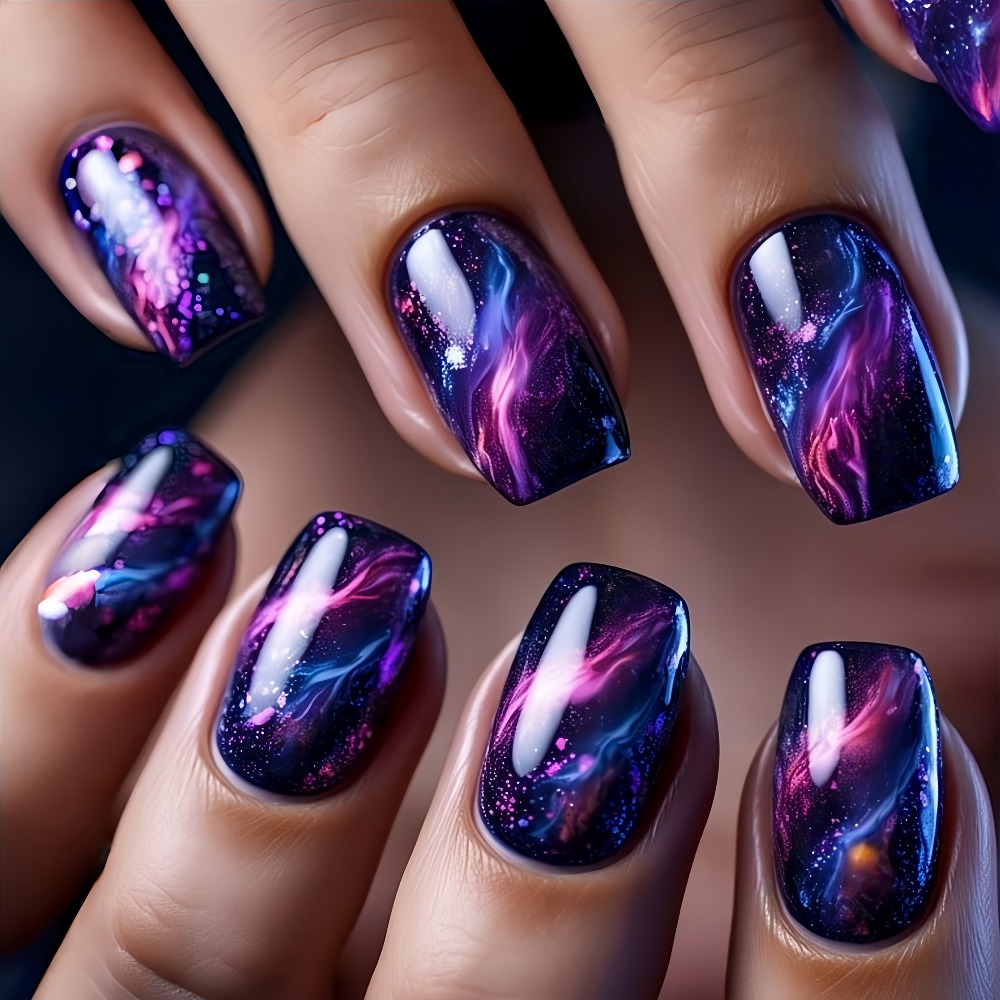 TEMU 48pcs Design Fake Nails Blue Purple Nail On Nails Removable Fake Nails Nail Art Supplies For Women Nails Trendy Nail Designs Easy To Apply Smooth Application Nails Artificial Nails Women