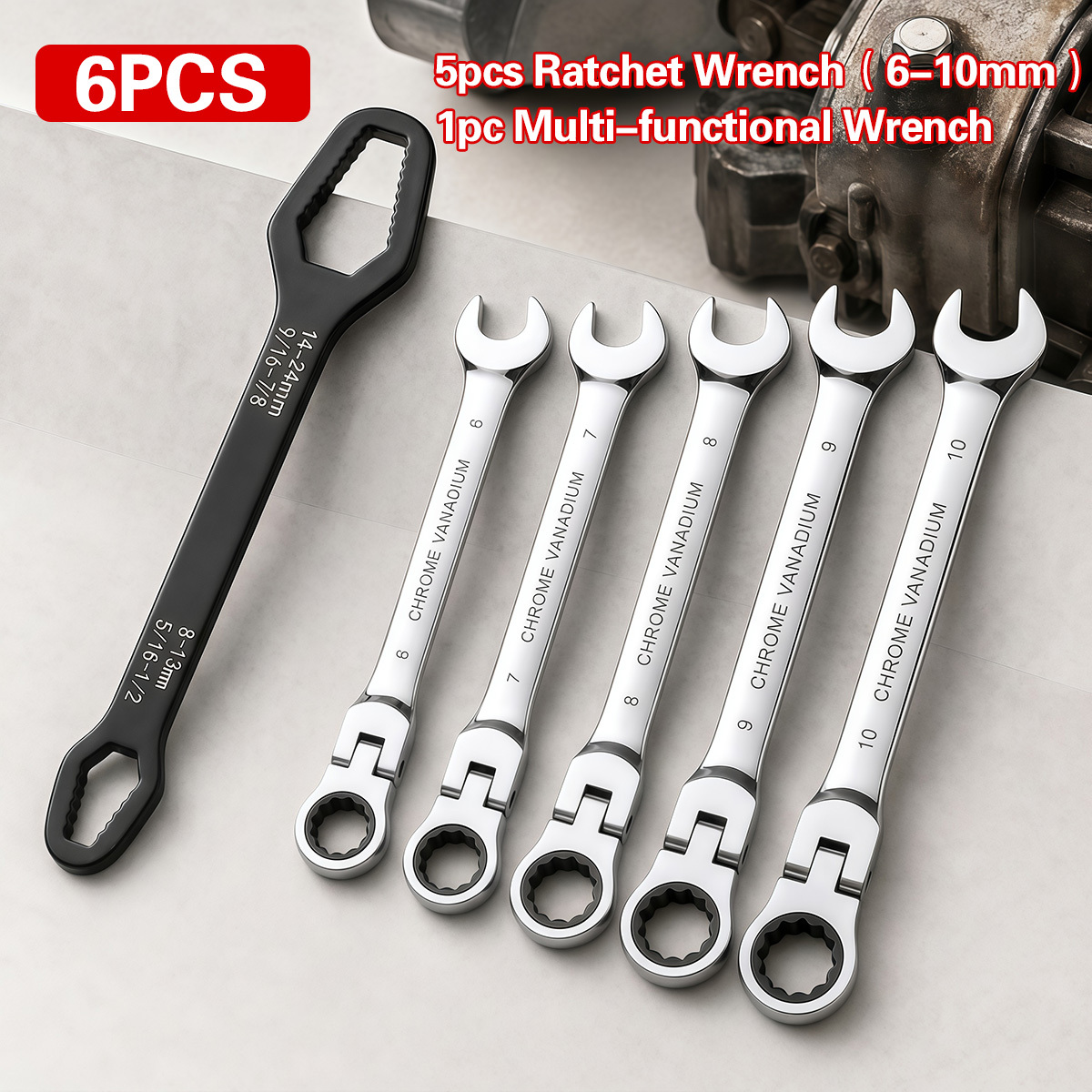 TEMU 6-pack 180° Flex-head Ratchet Wrench Set With Double Head Metric Wrench, Heavy Duty Chrome Vanadium Steel Combination Spanner Kit For Auto