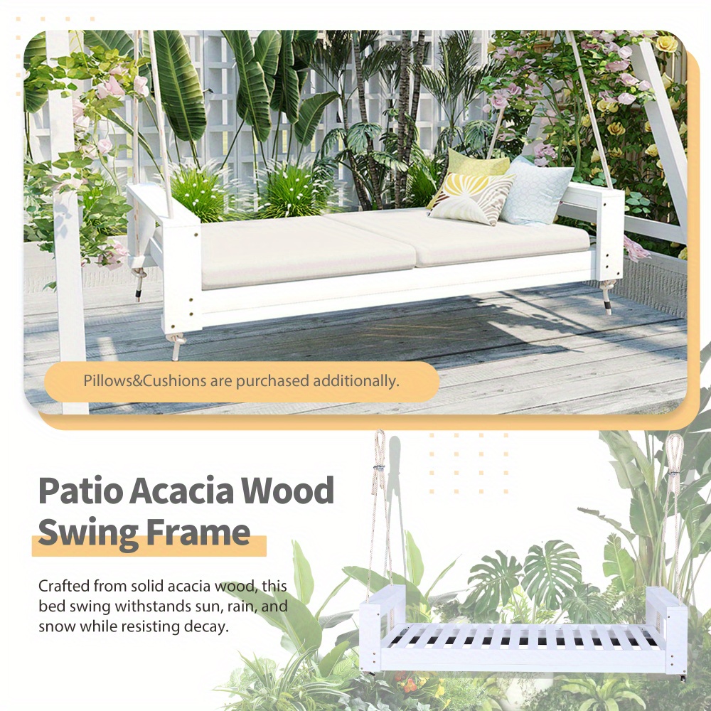Garden seating. Swing chair. Double-sized porch swing bed seating set with hemp rope swing frame, suitable for gardens and backyards. Minimalist rustic style, ideal for courtyards and gardens. Mattress sold separately.