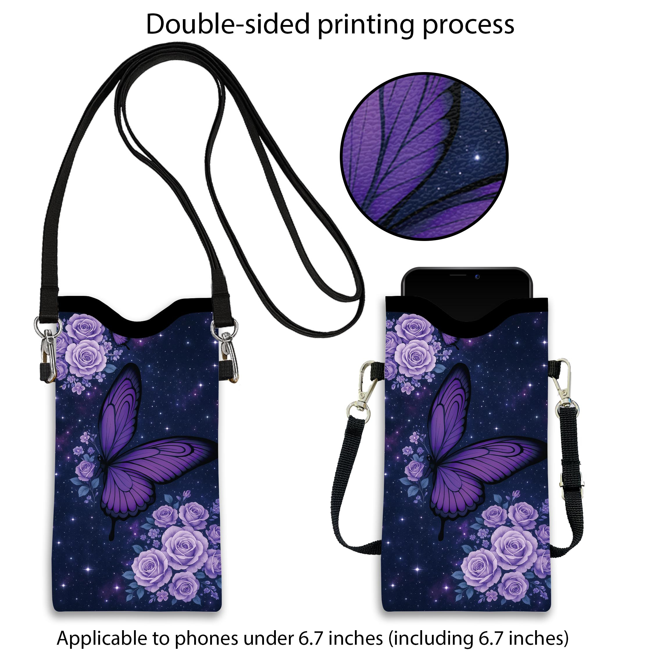 1 bucată Husă Telefon cu Imprimă Fluturi și Trandafiri Violeti pe Fundal Stelat - Curea Reglabilă, Piele Sintetică de Înaltă Calitate, Design Unisex pentru Majoritatea Telefoanelor și Portofelelor, Utilizare Casual și Elegantă Zilnică, Husă Telefon Fluturi, Accesoriu de Călătorie, Stil Modern