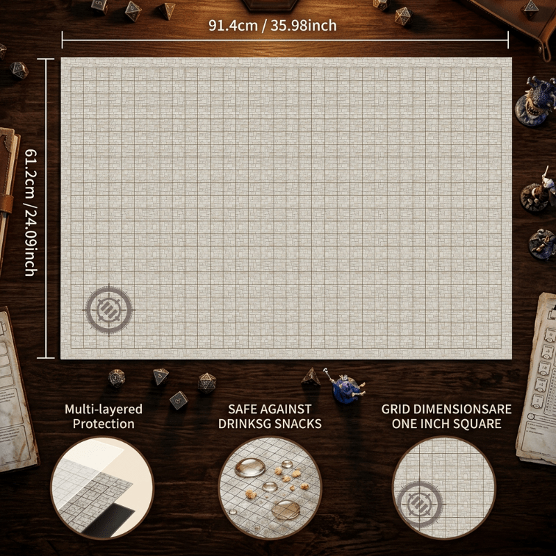 TEMU Large 91.44x60.96cm Sketch Rpg Map - Double-sided Grid And Hexagonal Map, Retro Leather Style, Tabletop Game Board, Opp Bag Packaging, Suitable