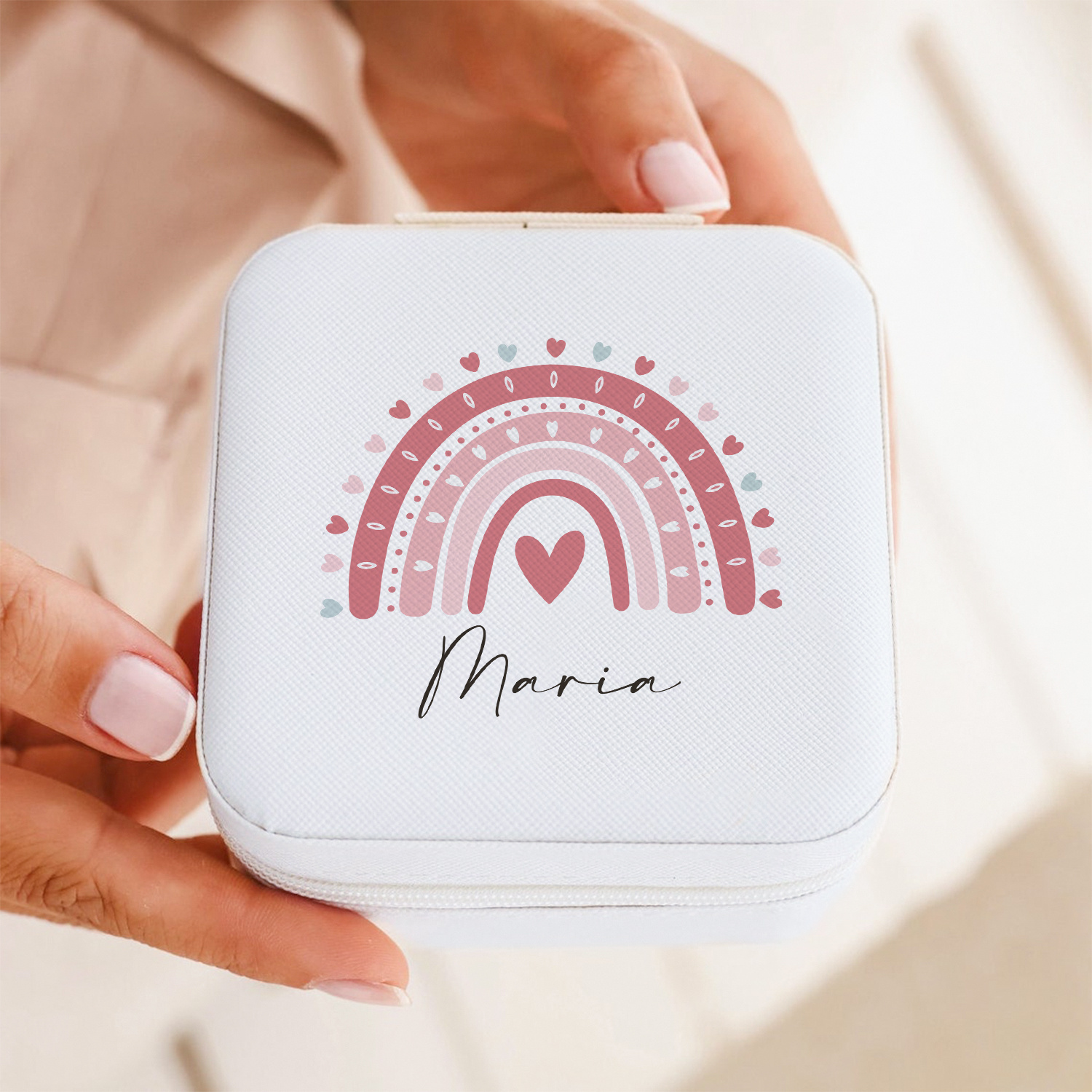 Personalized Name White Jewelry Organizer Box with Rainbow Design