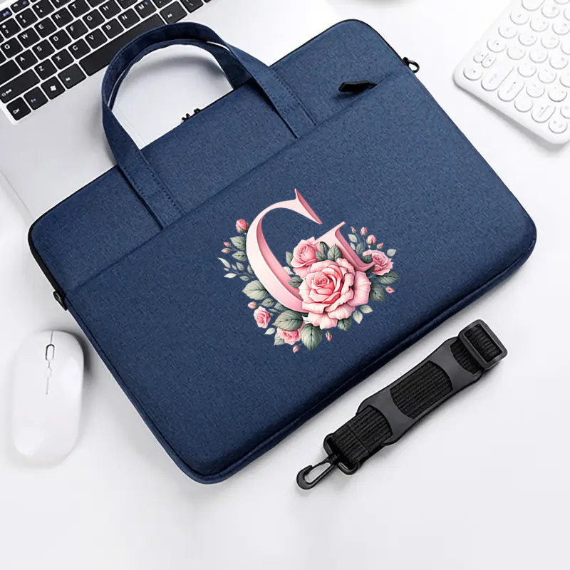 TEMU Pink Floral Letter Print Lightweight Polyester Laptop Bag, Blue Large-capacity Briefcase With Detachable And Adjustable Shoulder Strap, Suitable