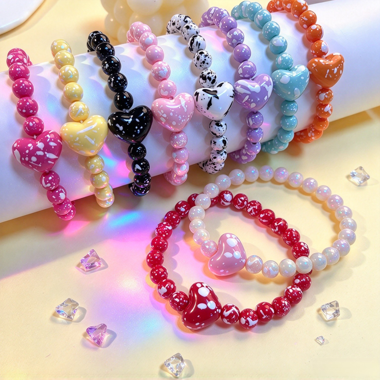 9pc Creative Retro Polka Dot Heart Elastic Bracelet Set