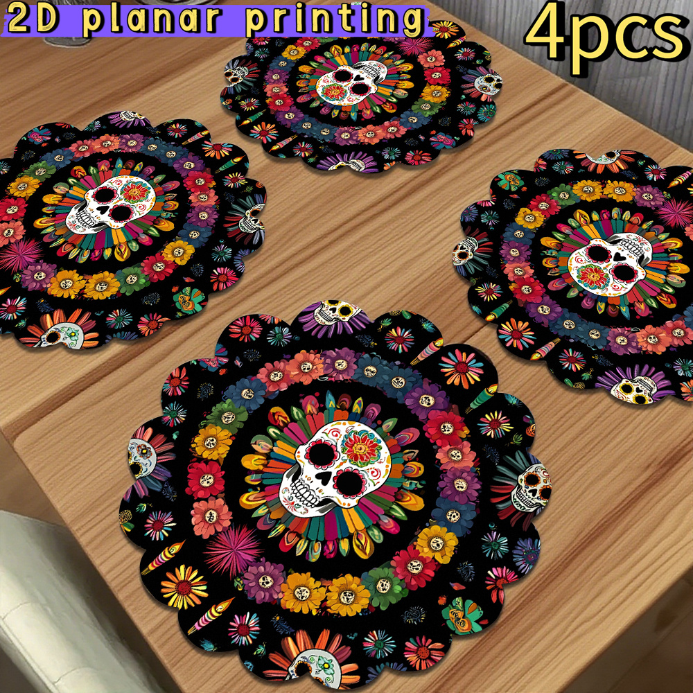 TEMU 4pcs Placemats - Vibrant Sugar And Sunflower Flower Designs On A Black Tablecloth, Suitable For Party Decorations, Altar Arrangements, Mexican