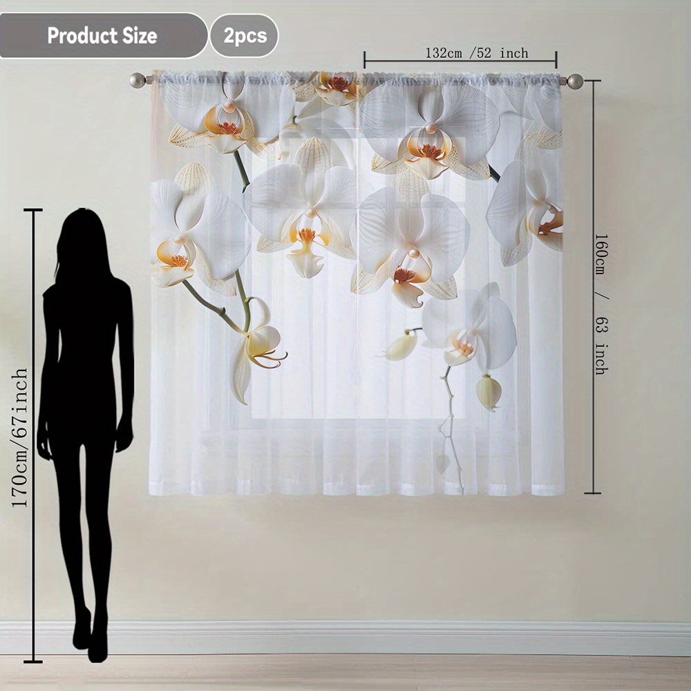 Image of Launch 2pcs Home Decor Sheer Curtains In Classic White Orchid Design, Flowing Window Drapes Suitable For Kitchen, Café, Living Room, Dining Room, Balcony, Garden, And Bedroom