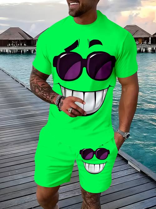 heren casual set voor thuis & uitjes, t-shirt met korte mouwen en korte broek met print van gezicht met leuke modebril, trendy set van 2 delen
