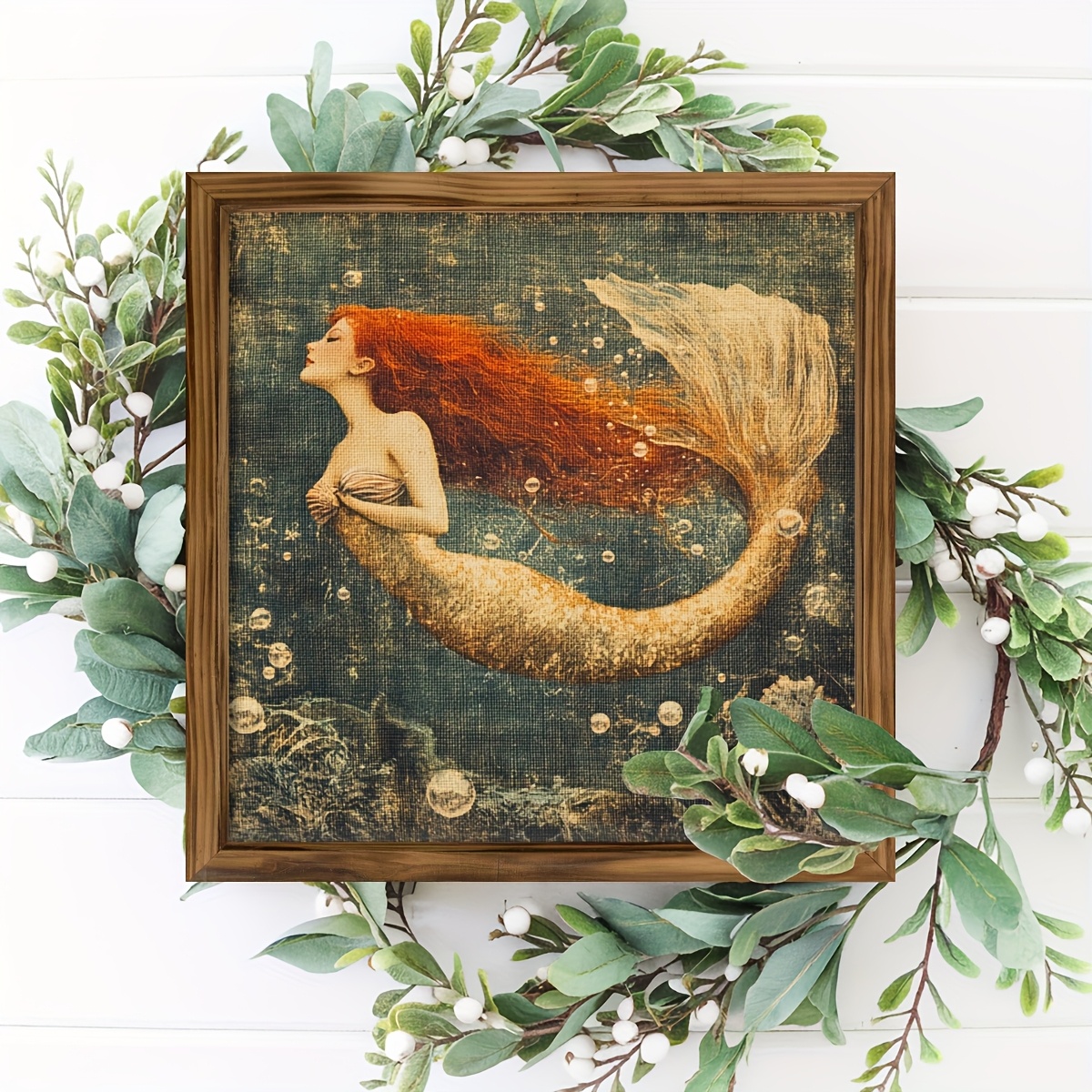 TEMU 1pc Vintage Mermaid Wall Art With Red Hair - 8x8 Inch Wooden Frame, Ocean Themed Decorative Sign, Suitable For Bedroom, Living Room, Bathroom,