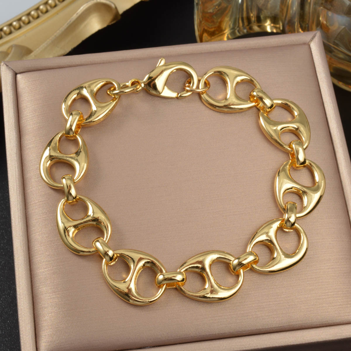 TEMU 1pc Bracelet à de Café Plaqué Or 18K, Chaîne de Marin Épaisse et avec Fermoir