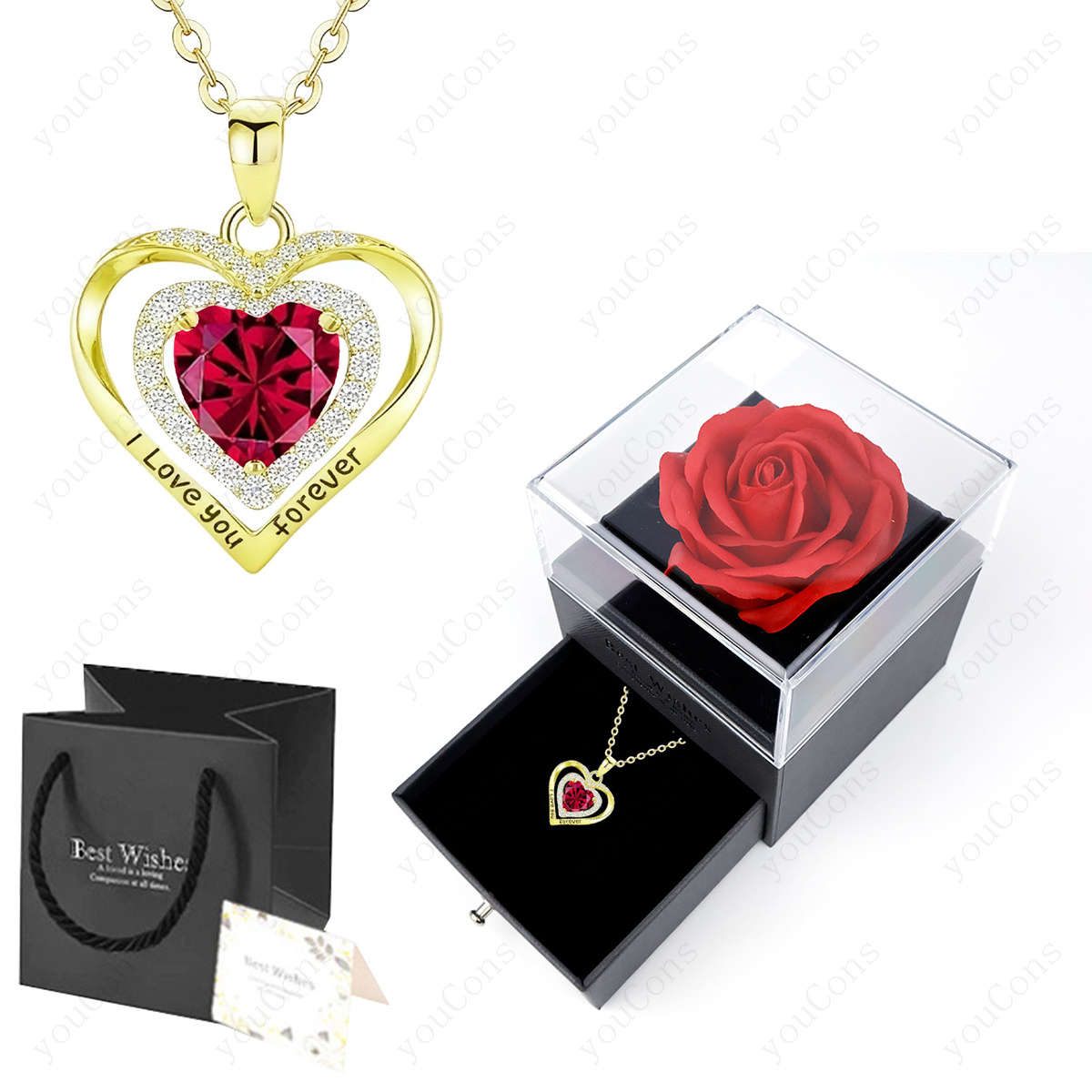 Image of Luxury Synthetic Zirconia Heart Pendant Necklace Stone Birthstone Necklace Engraved With "" With Matching Rose Acrylic Gift Box With Gift Bag And Greeting Card Suitable For Birthdays, Holidays