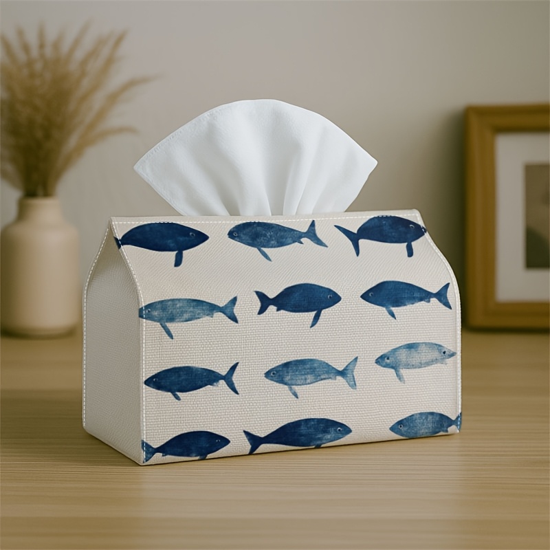 TEMU [jit]2d Flat 1pc Nautical Pattern Illustration Tissue Box, Blue Fish Pattern, Easy To Clean, Outdoor Party Supplies, Everyday Desktop Tissue