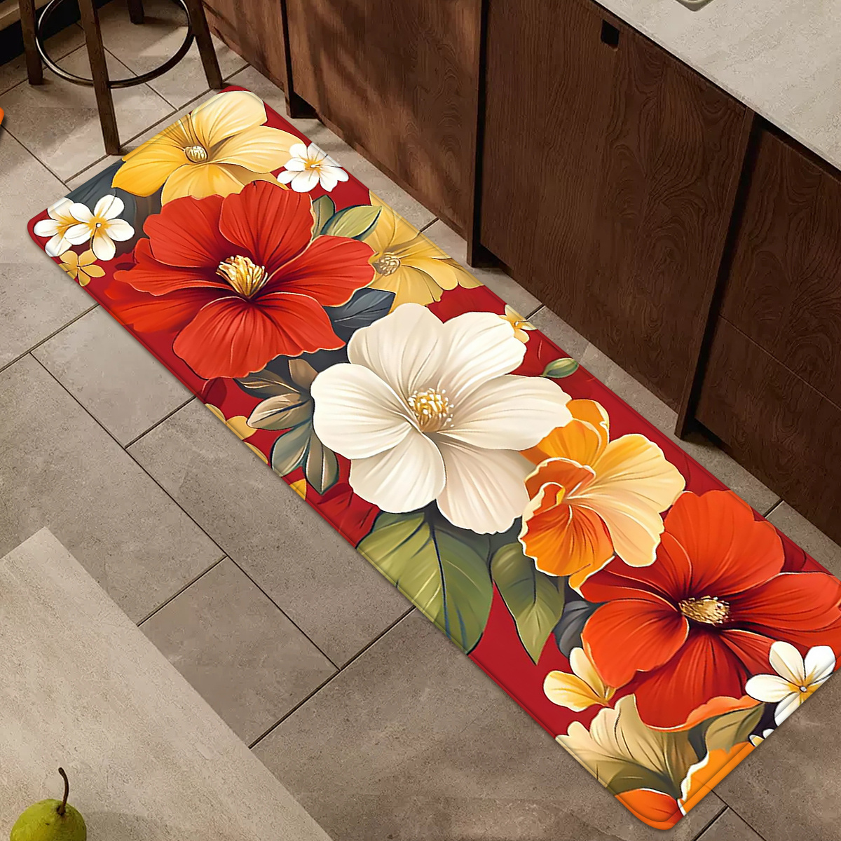 TEMU 1pc, 2d Flat Bohemian Style Red Hibiscus Flower Print Anti-fatigue Kitchen Mat, Non-slip Water-absorbent Runner Rug, Easy To Clean And Machine