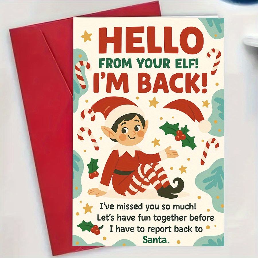 TEMU 1pc Cute Elf Holiday Greeting Card - "hello From Your Elf! !" Festive Christmas Message With Striped Elf Design, Golden Stars & - , Family,