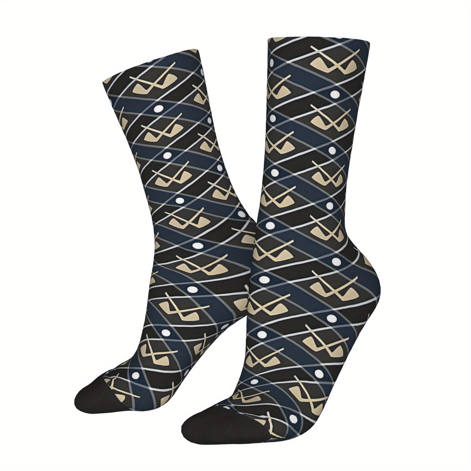 

Men's Fun & Quirky Golf-themed Socks - Black & Golden, Retro Hip Hop Style, Seamless Crew Design With