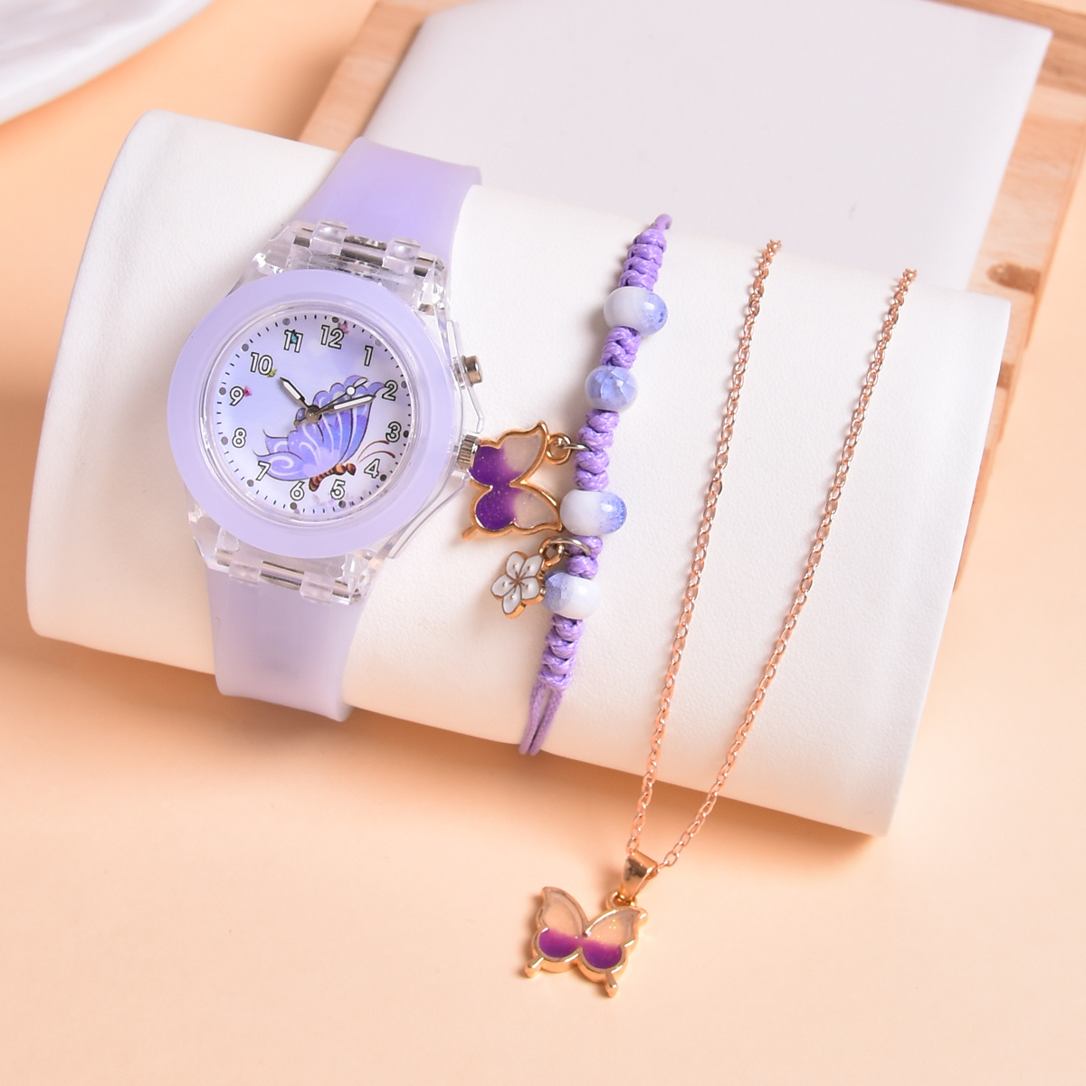 Image of 3pcs Set For Girls Featuring A Cartoon Quartz Watch, An Led Glowing Watch, And An Adjustable Woven Bracelet With A Pendant Necklace