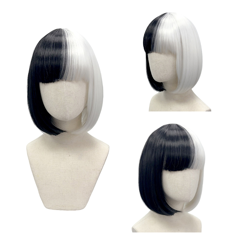 TEMU Halloween Black And White Half-length Bangs Bob Wig, Smooth And Sleek Short Straight Hair, Gothic Dark Style Outfit, Suitable For Offline