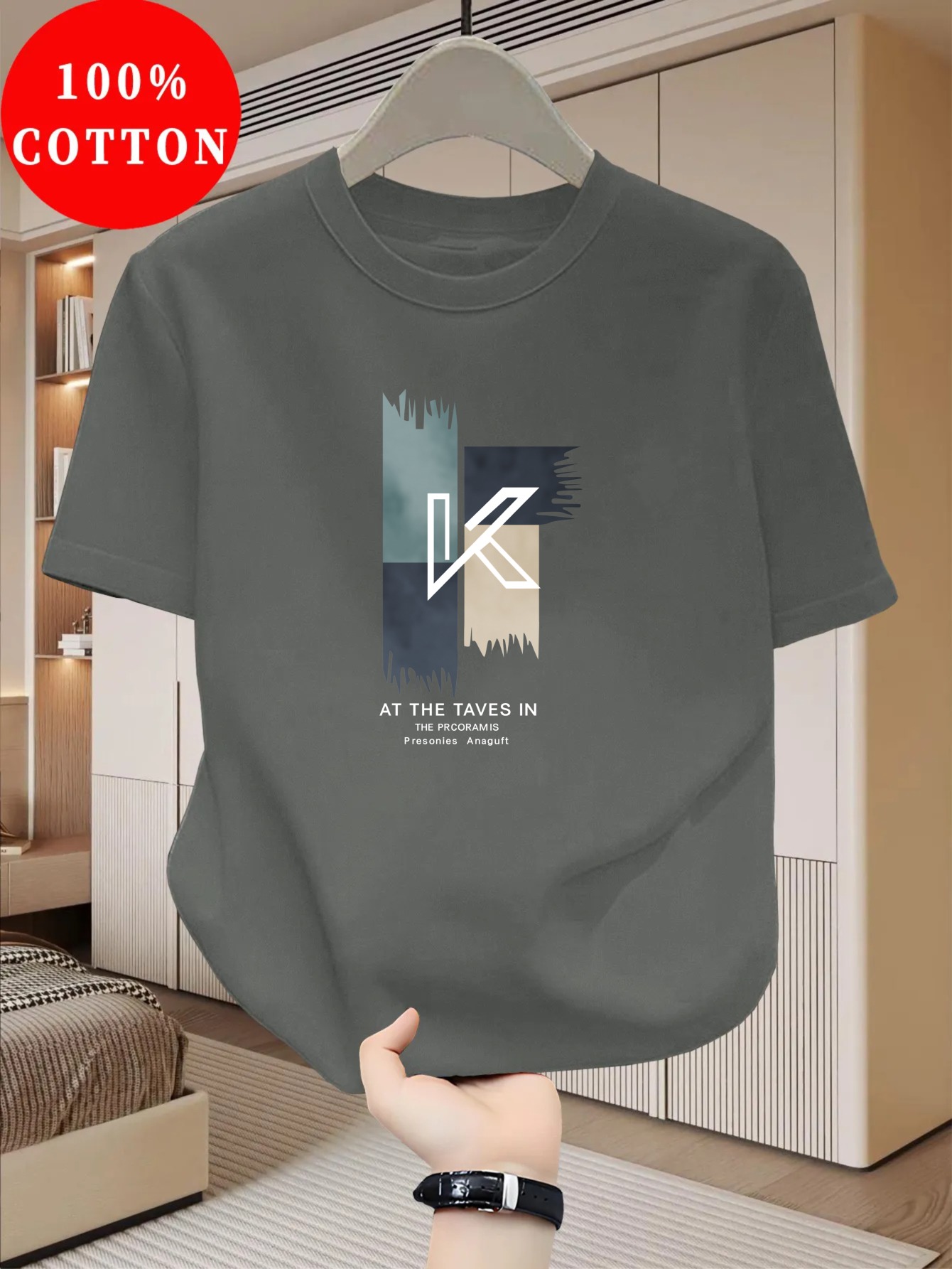 Tricou bărbătesc 100% bumbac cu guler rotund casual, un top esențial de vară, respirabil și fabricat din