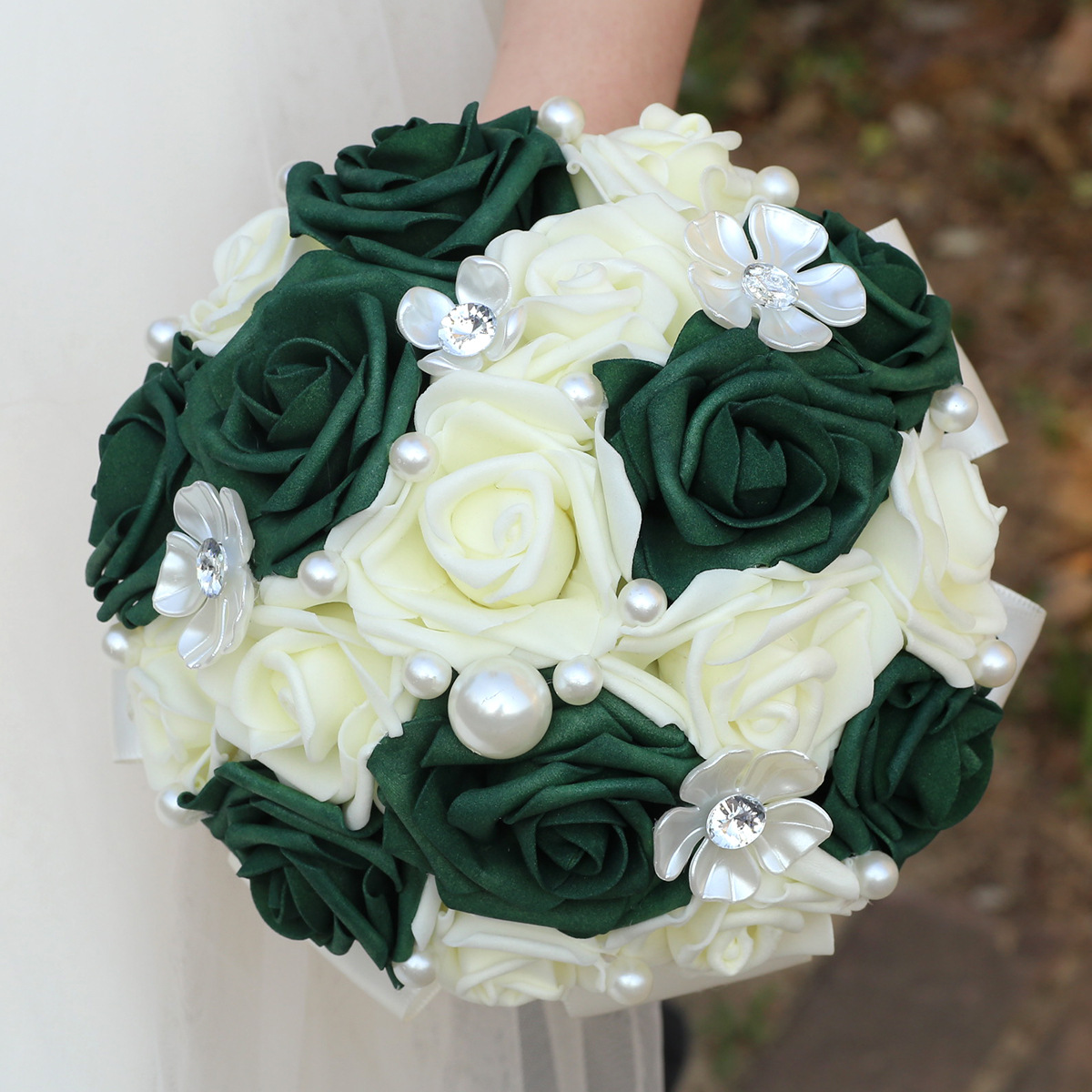 TEMU Elegant Bridal Bouquet - & Emerald Green Roses With Pearl Accents, Polyester Wedding Flower Arrangement For Bridesmaids, Home Decor, Motherâs