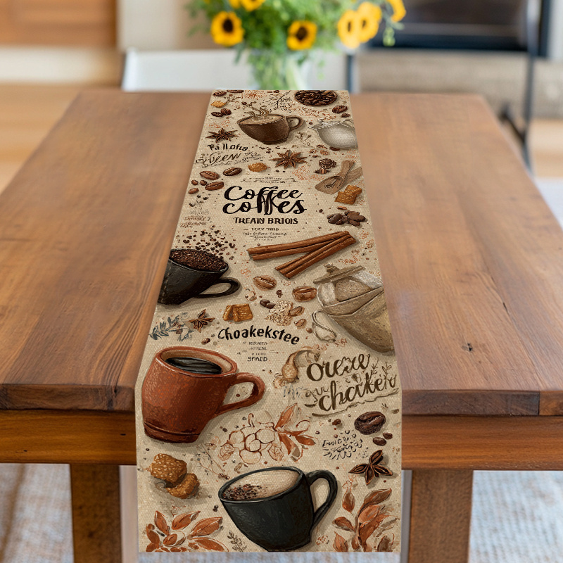 E-shop Tischläufer, Tischdecke, Kaffee-Thema Design mit Kaffeebohnen, Tassen Gewürzen, neutrale Farbtöne, für Geburtstage, Hochzeiten, Jubiläen,