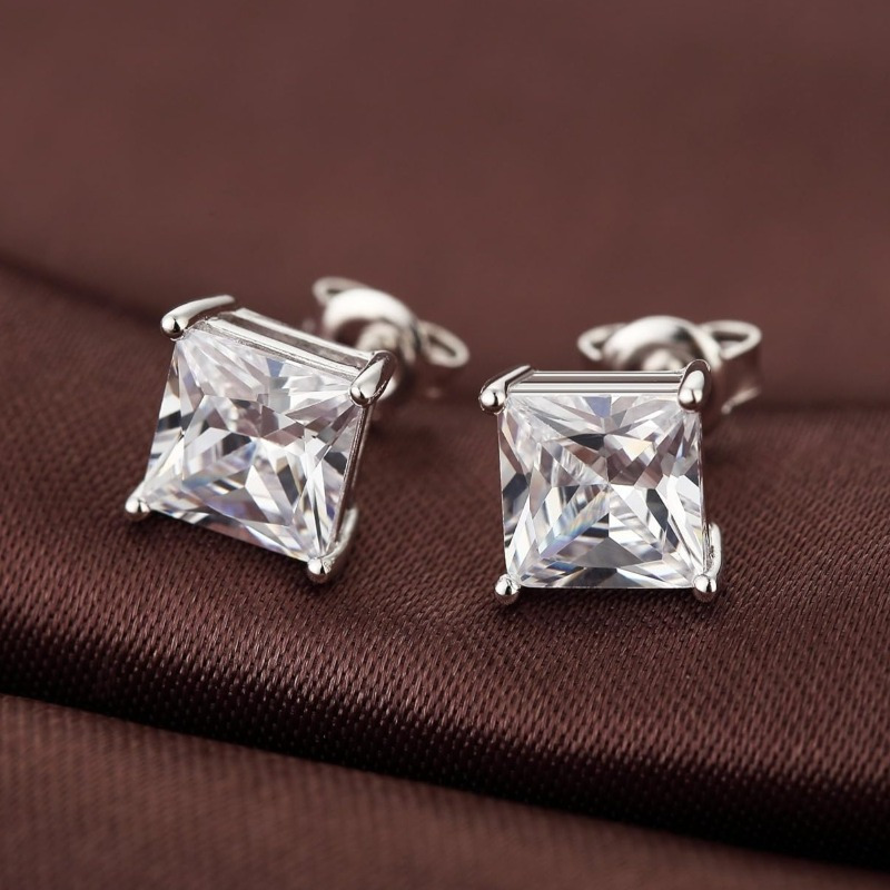 Women's 925 Silver Square Earrings with Princess Cut Design, Elegant Gift