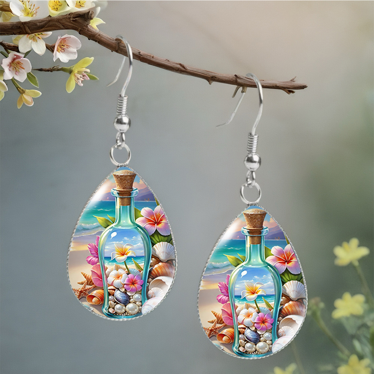 Seaside Drift Bottle Waterdrop Earrings, Tropical Dangle