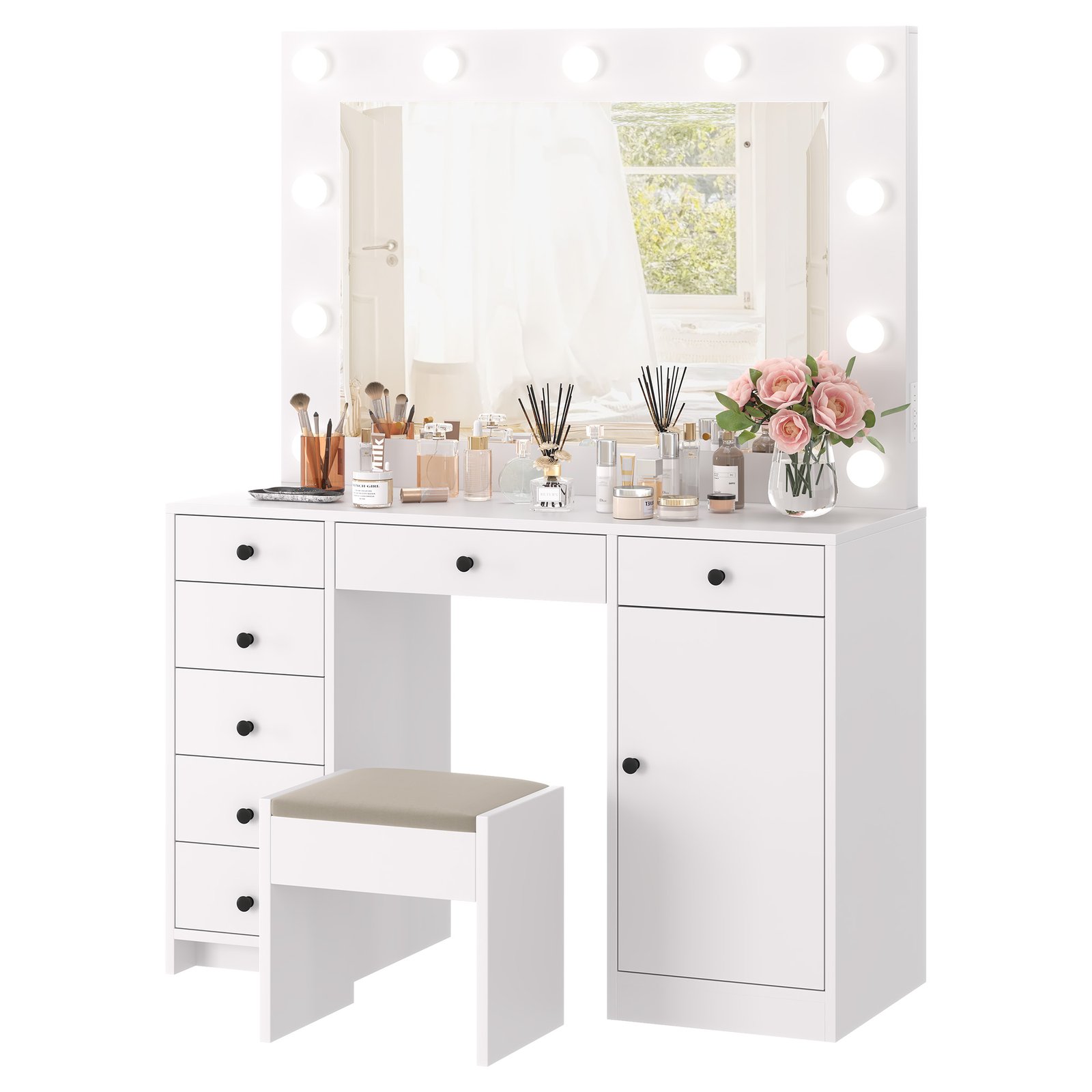 White Makeup Vanity With Mirror, Vanity Desk With 7 Storage Drawers And 1 Cabinet. Large Table Top, Space Saving, Home Organizer.