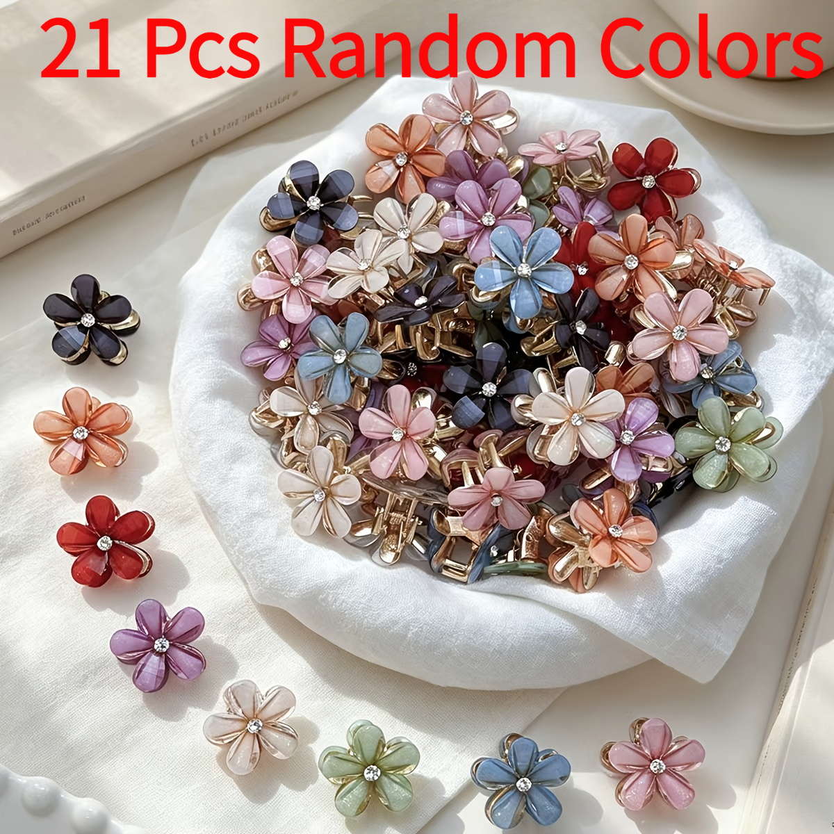 TEMU 21pcs Pinces à Cheveux Fleurs Couleurs Aléatoires Adorables 5 Pétales Pinces à Cheveux Femmes Franges Latérales Accessoires Cheveux Cadeaux