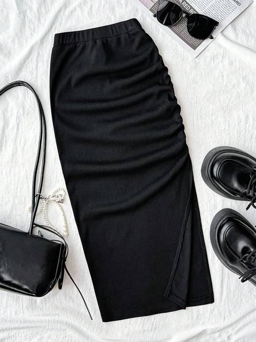 girls casual solid color knit skirt comfortable and fitted fabric side ruffles and slit style suitable for outdoor strolls birthdays and other casual occasions a versatile wardrobe staple