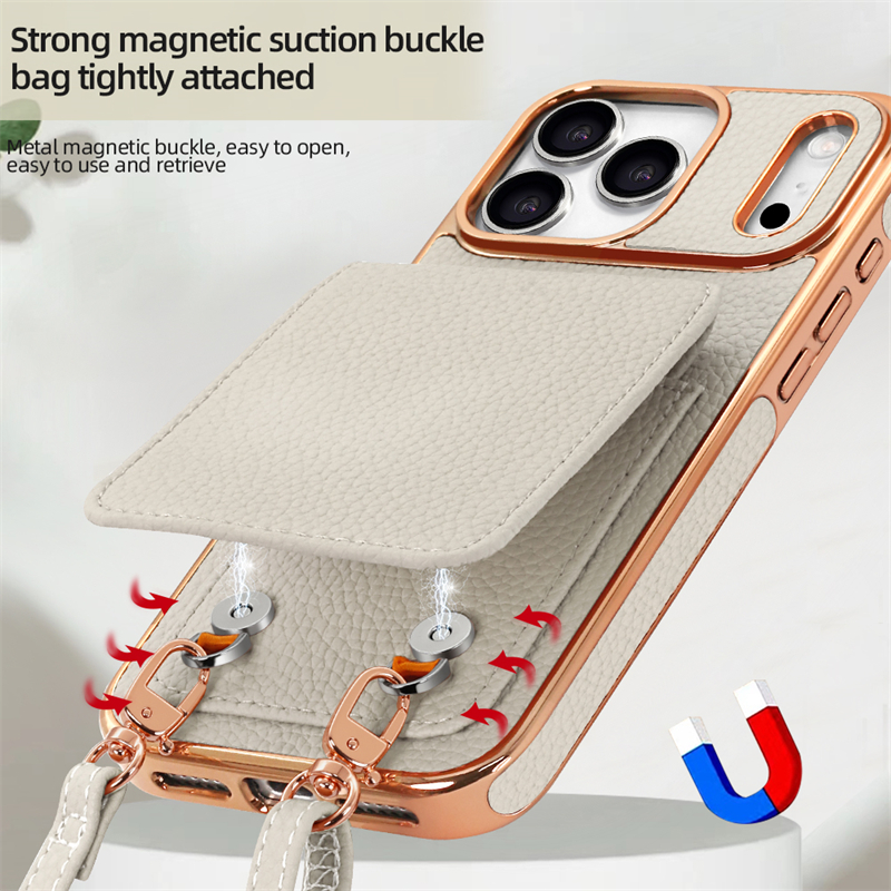 Phone Case: Business PU Lychee Texture Flip Cover Card Holder with Multiple Card Slots, Stand Function, Crossbody Strap, and Full-Body Protective Case with Plated Frame for Apple iPhone 17 Pro Max/17 Pro/17 Air/17